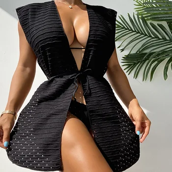 Новост 2023 година, Бразилски дамски Открита с Колан Черно Вязаная на една кука туника, Плажни пелерини, Лятото-секси плажна рокля, плажно облекло