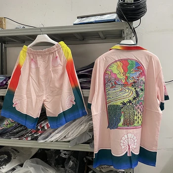 Лятна Розова плажна риза Casablanca с розови принтом, мъжки и Женски Хавайски плажни ризи Casa Blanca, Тениски, Готик облекла, мъжка риза