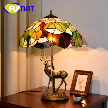 Настолна лампа от витражного стъкло в стил Фумат Тифани с грозде и лосем в стил арт-деко, хол, трапезария, кабинет, спалня, нощна лампа за очите
