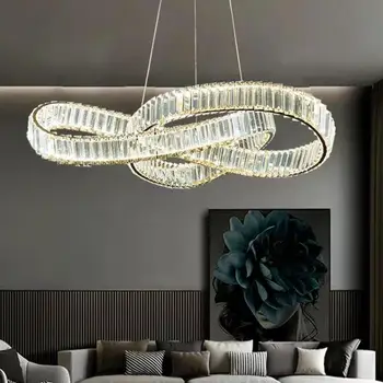 Луксозни Led художествени Кристални Полилеи, Подвесное светлинно пръстен от неръждаема стомана, с регулируема яркост, висящи лампи за декоративно осветление на хола