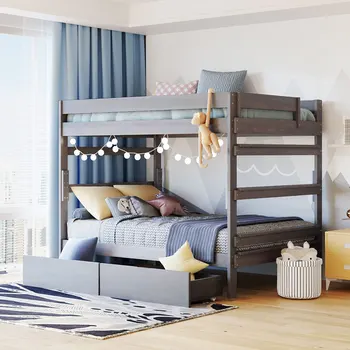 Сиво двуетажно легло от масивна дървесина с 2 чекмеджета, лесно монтируемая за вътрешната мебели за спалня