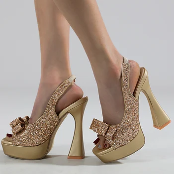 Блестящи Сандали с лък 14 cm платформа, Сандали на дебел ток, Жените Летни дамски обувки със златни пайети, Сватбени обувки на висок ток с каишка отзад, Новост
