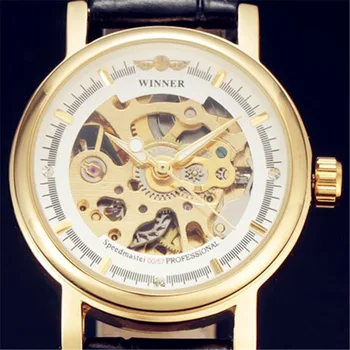 Дамски Модни механични Ръчни часовници със Златен Корпус, виртуален скелет, Автоматично циферблат, Кожена каишка, Класически дамски Подарък часовник