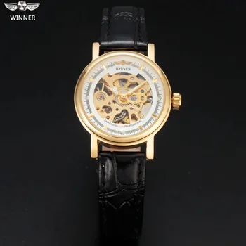 Дамски Модни механични Ръчни часовници със Златен Корпус, виртуален скелет, Автоматично циферблат, Кожена каишка, Класически дамски Подарък часовник