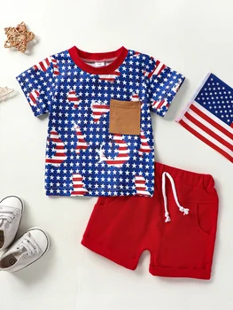 Комплект шорти за малки момчета Gureui, тениска с къс ръкав и принтом в звездната ивица, шорти, летни дрехи
