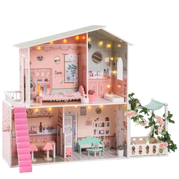 Стилен куклена къща с градина, чудесен подарък за рожден ден, Коледа, за деца над 3 години, зелено и розово