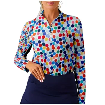 Жените риза за голф с дълъг ръкав с цип, дишащи бързо съхнещи блузи с кръгла принтом, Градинска Ежедневни, спортно облекло