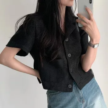 Iyundo, Корейски луксозни Нови летни блузи, яке с къс ръкав, Женски, черно коварен нишевое Темпераментное универсално Однобортное палто копчета