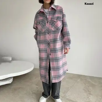 Палто KAAAZI с директен бочкообразным принтом в клетката, дълъг ръкав, женски палта 2023, новост зимата, отложной яка, дамско палто, модерни дневни