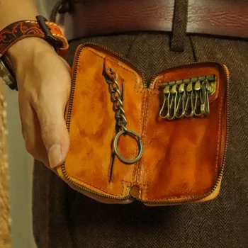 Оригинална чанта за ключове от естествена кожа растително дъбени за мъже, подвесная богат на функции за автомобилна карта с двойно предназначение